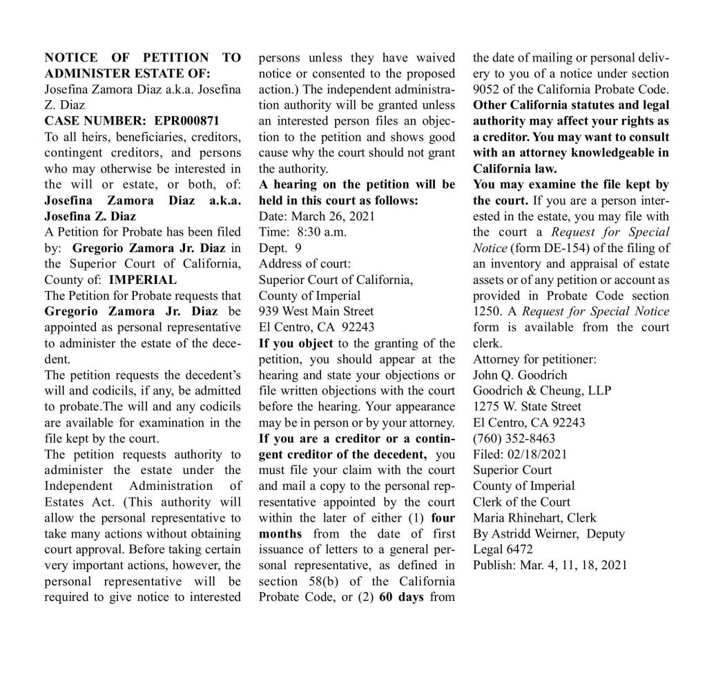 LEGAL NOTICES March 4, 2021 » Holtville Tribune