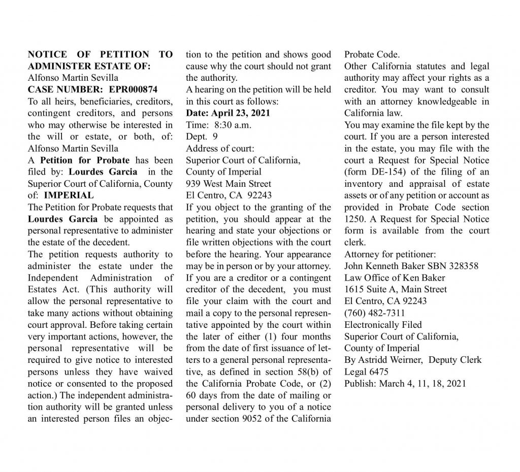 LEGAL NOTICES March 4, 2021 » Holtville Tribune