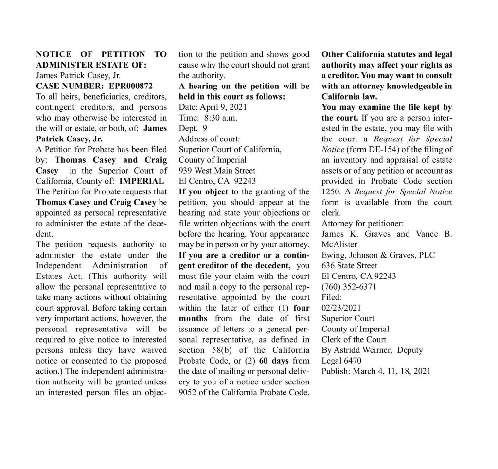 LEGAL NOTICES March 4, 2021 » Holtville Tribune