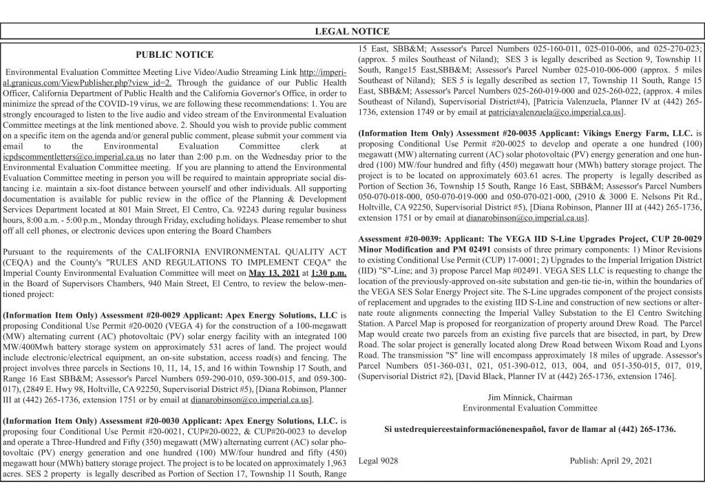 LEGAL NOTICES April 29, 2021 » Holtville Tribune