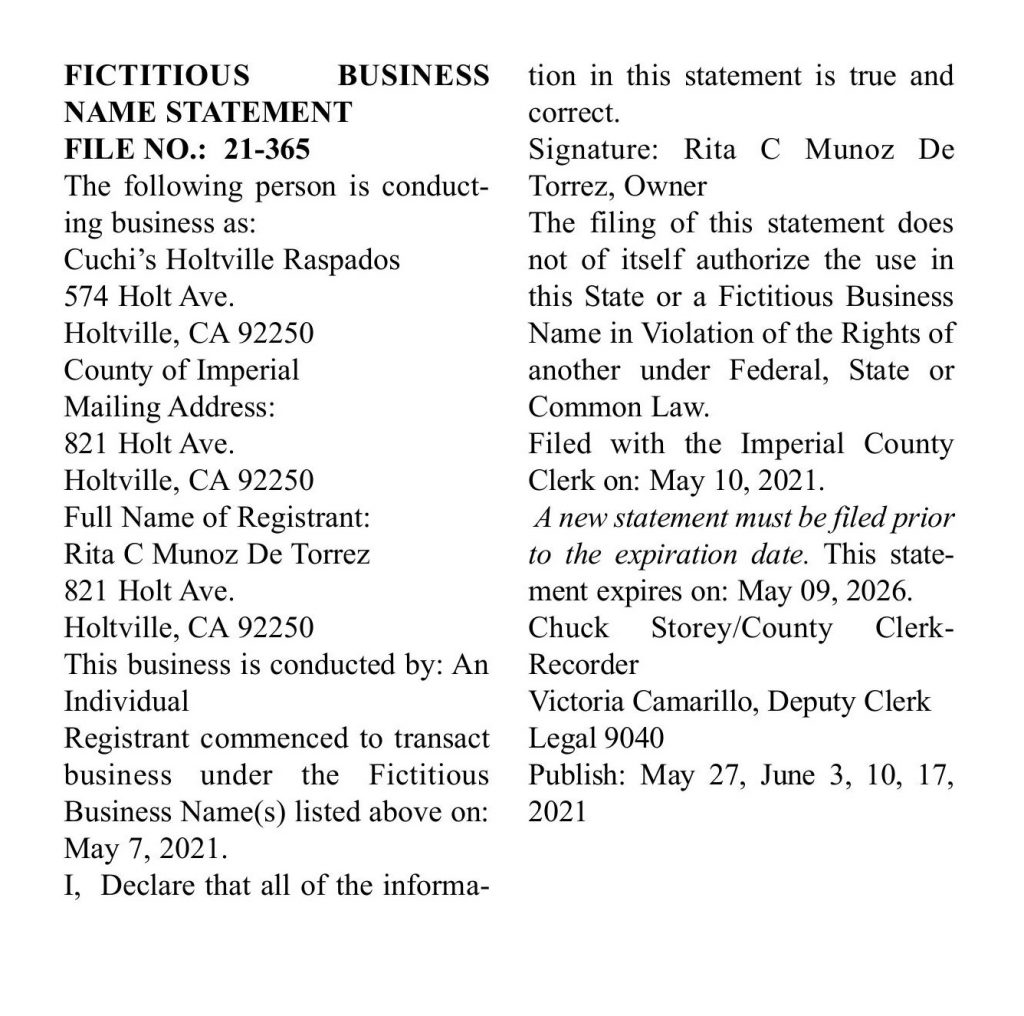 LEGAL NOTICES May 27, 2021 » Holtville Tribune